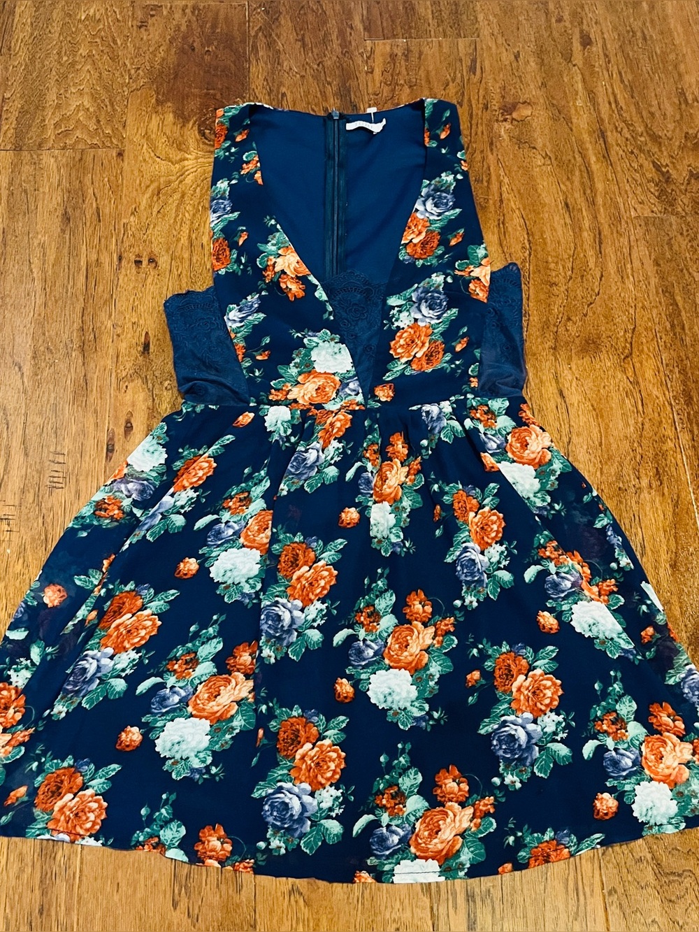 Tobi Navy Floral Fit-and-Flare Dress with Lace Size S